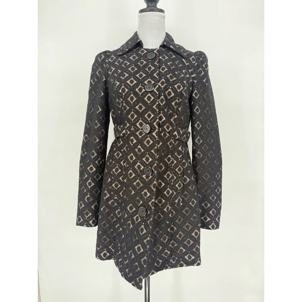 INC‎ Black Cotton Geometric Lace Trench Coat Womens Small Classic Feminine